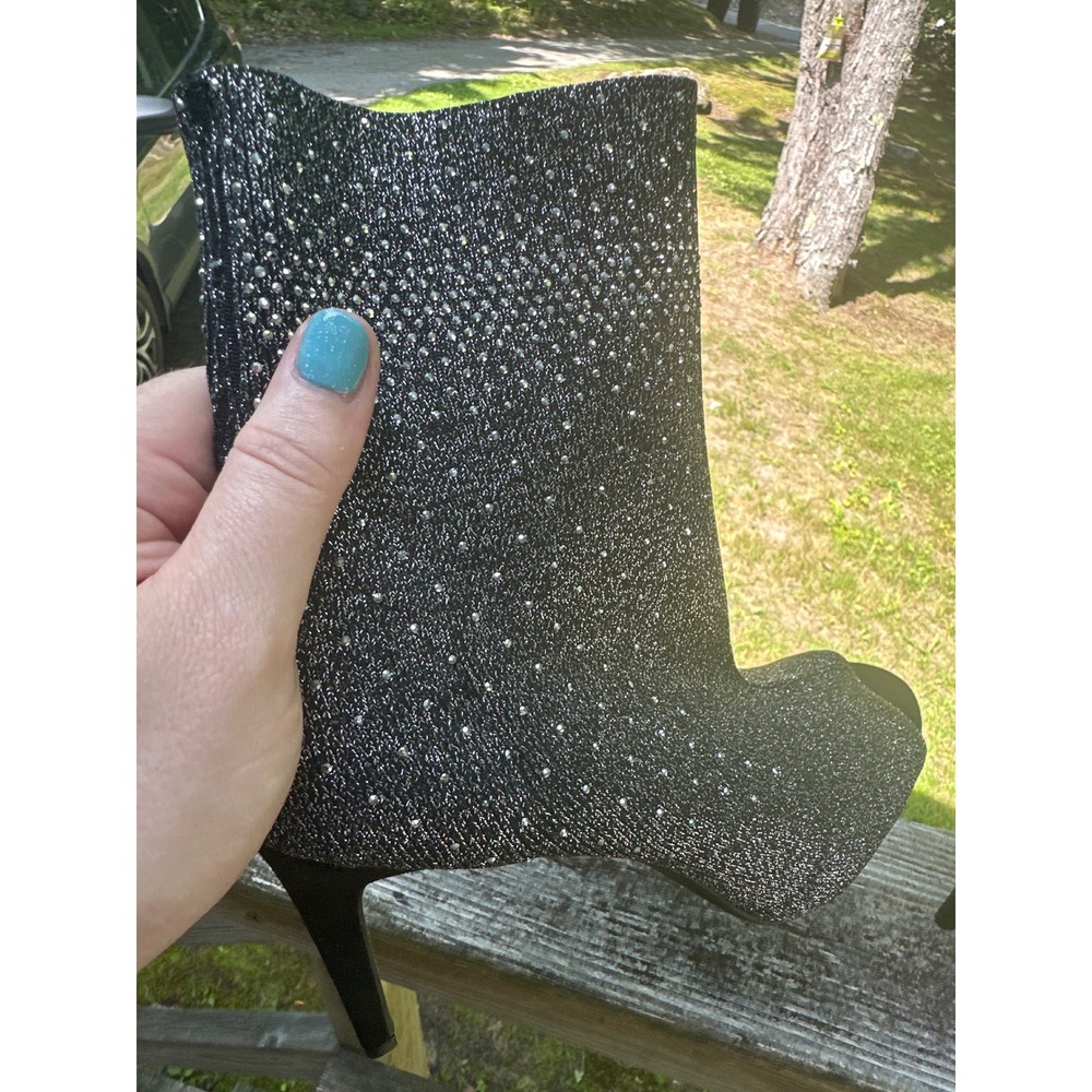 INC International size 10 Silver black Glitter Rhinestone Peep Toe Ankle Boots - Picture 2 of 11
